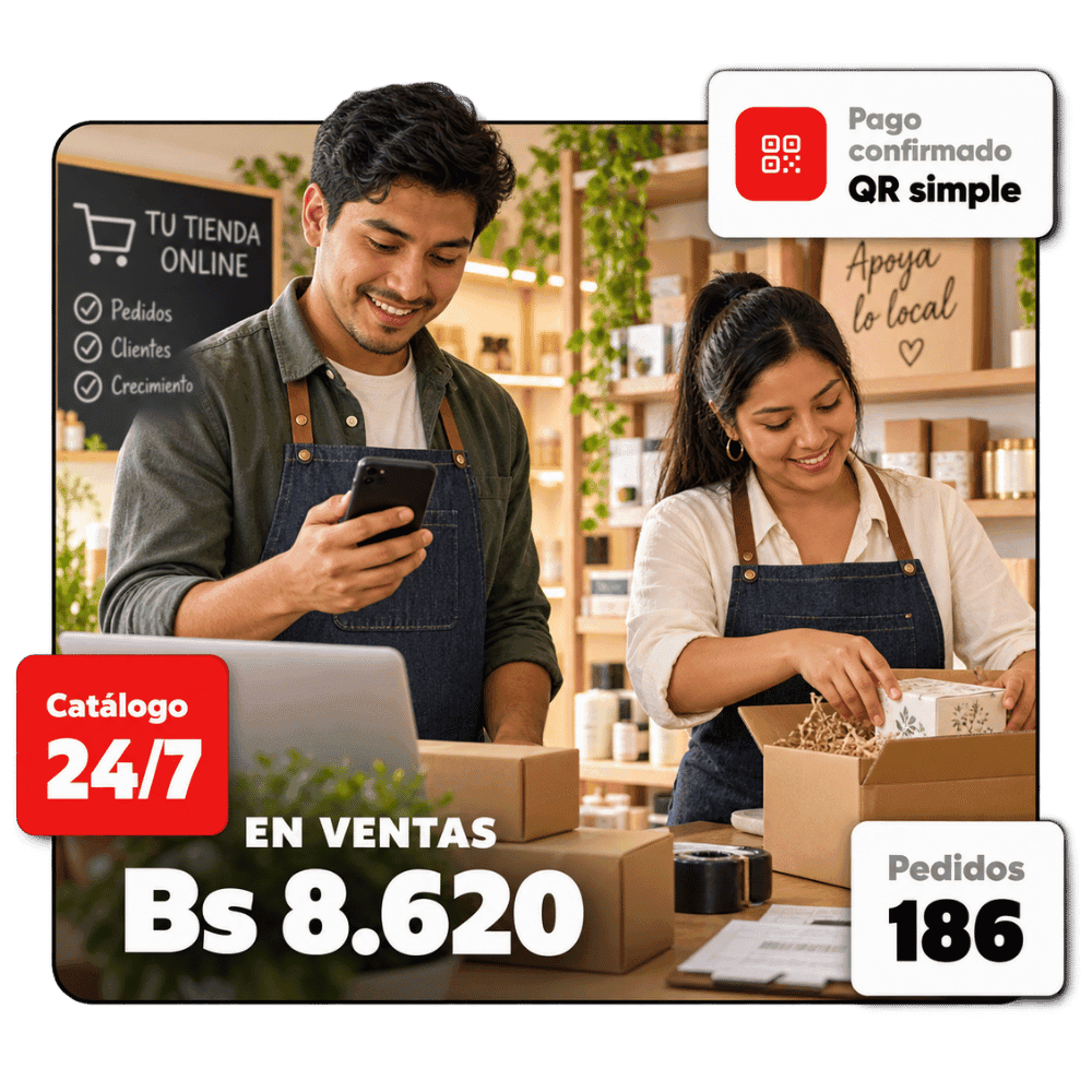 Emprendedores bolivianos preparando pedidos para su tienda online