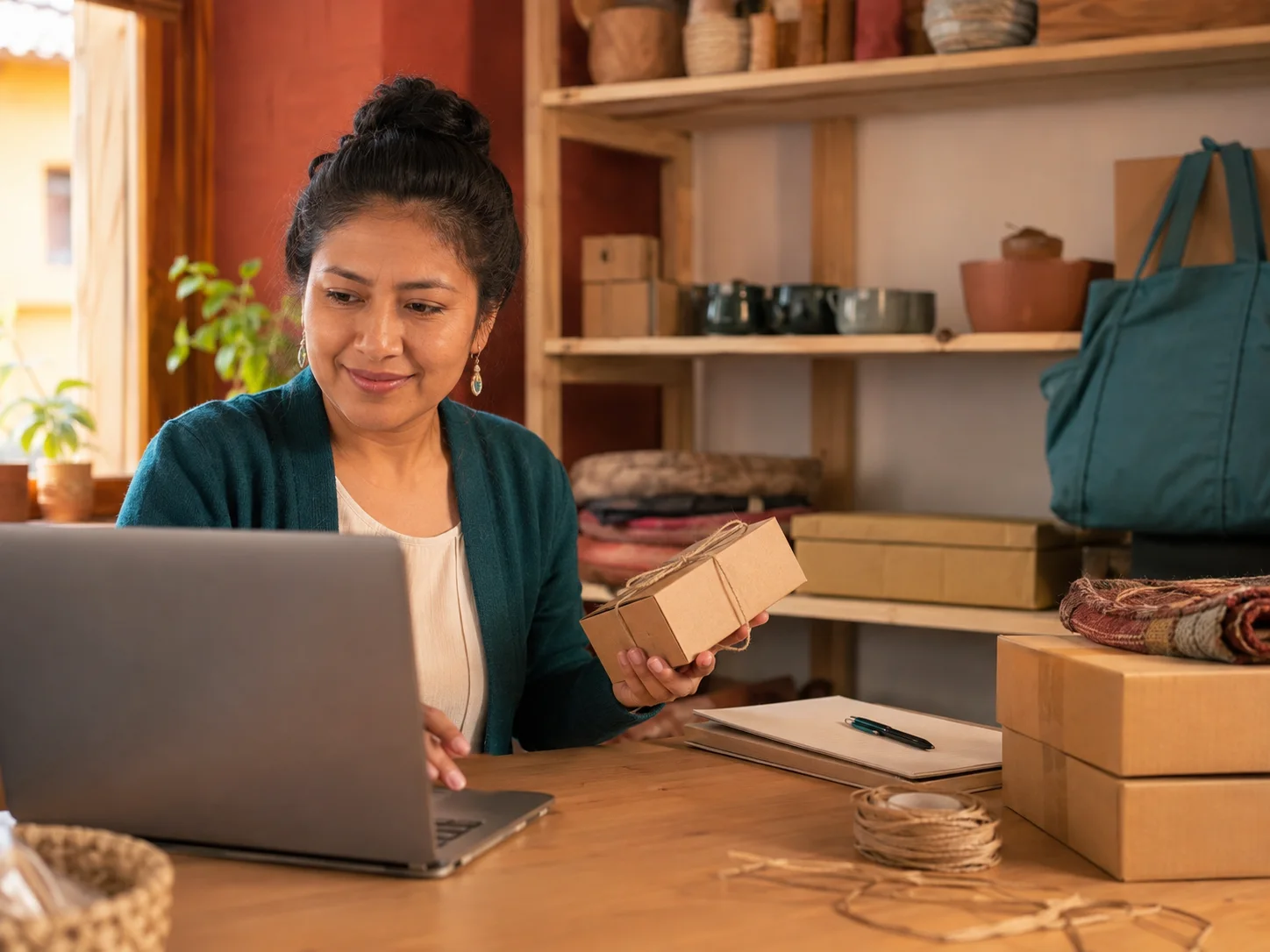Emprendedora revisando pedidos de su tienda online